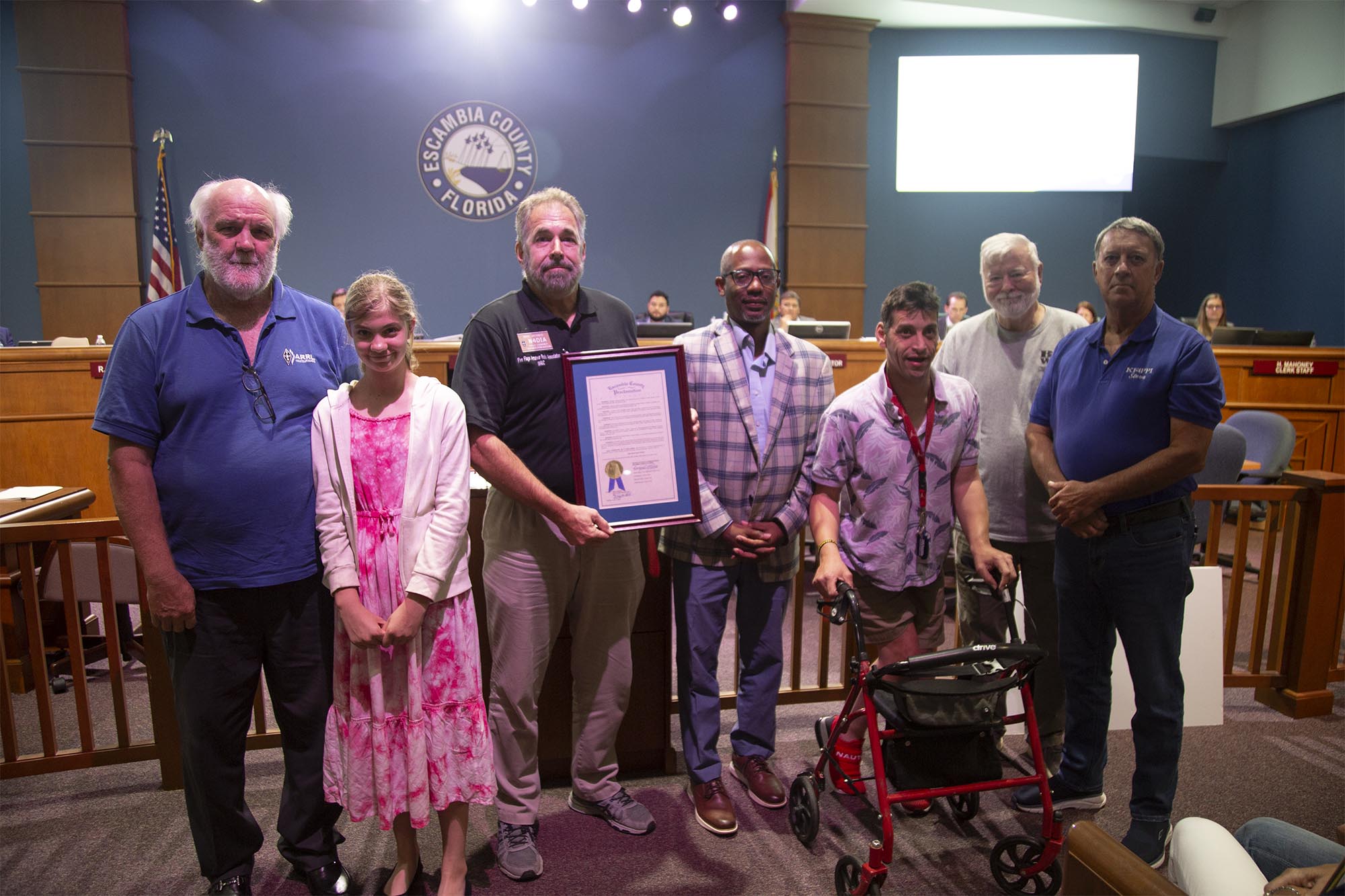 District 3 Commissioner Lumon May delivers a proclamation to members of The Escambia Amateur Radio Emergency Service for the 2023 American Radio Relay League Field Day.