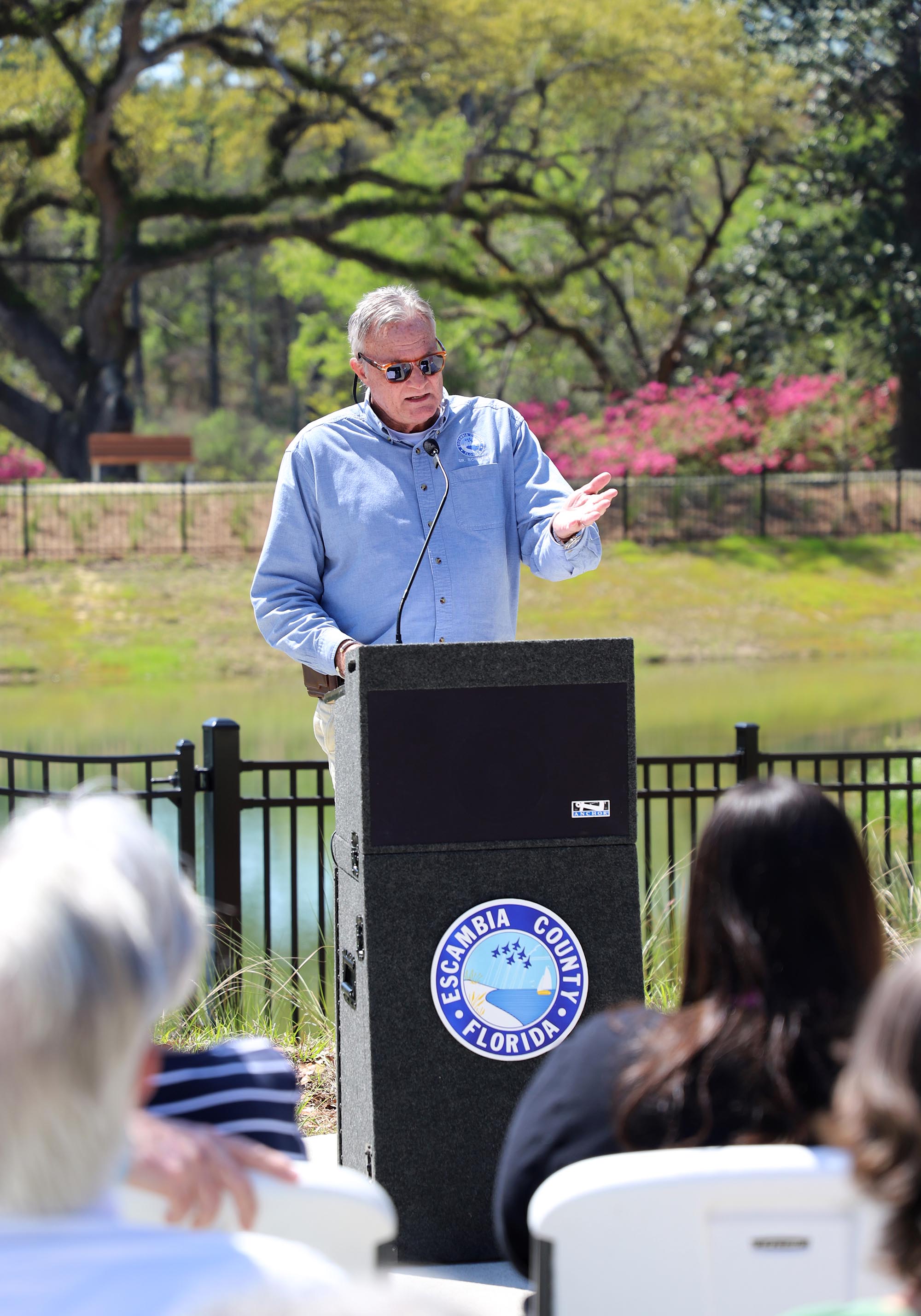 Chips Kirschenfeld speaks during Carpenter Creek Headwaters Creek Ribbon Cutting
