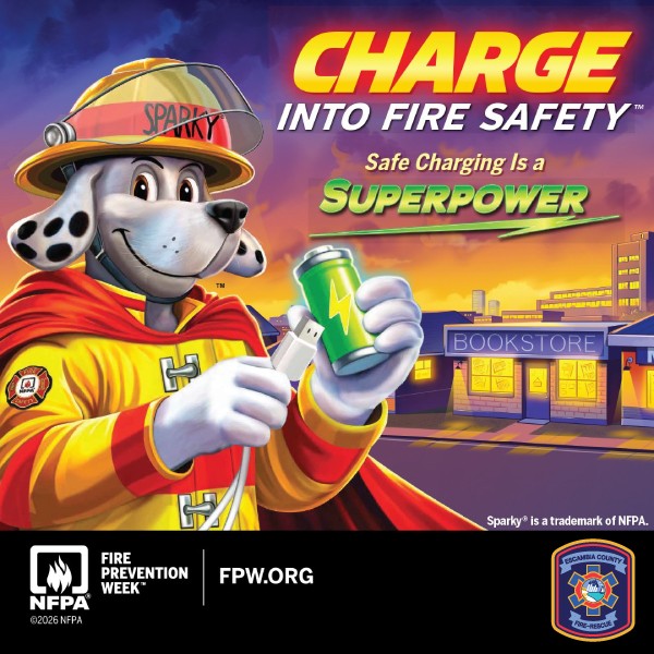 Image shows Sparky the fire dog holding a battery and a charger. Text reads out: Charge into fire safety. Safe charging is a superpower. Sparky is a trademark of NFPA.