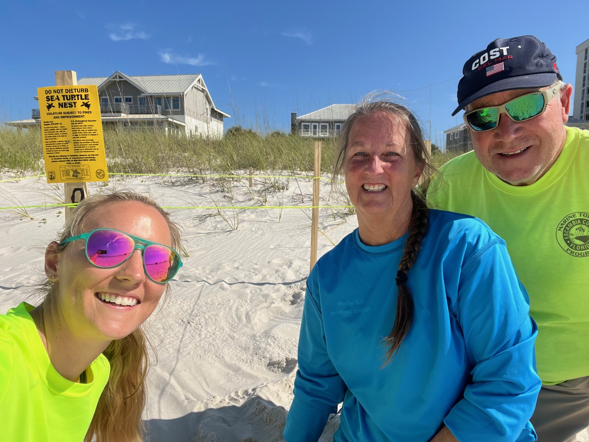 Sea Turtle Patrol volunteers pose with the first Perdido Key sea turtle nest of 2023