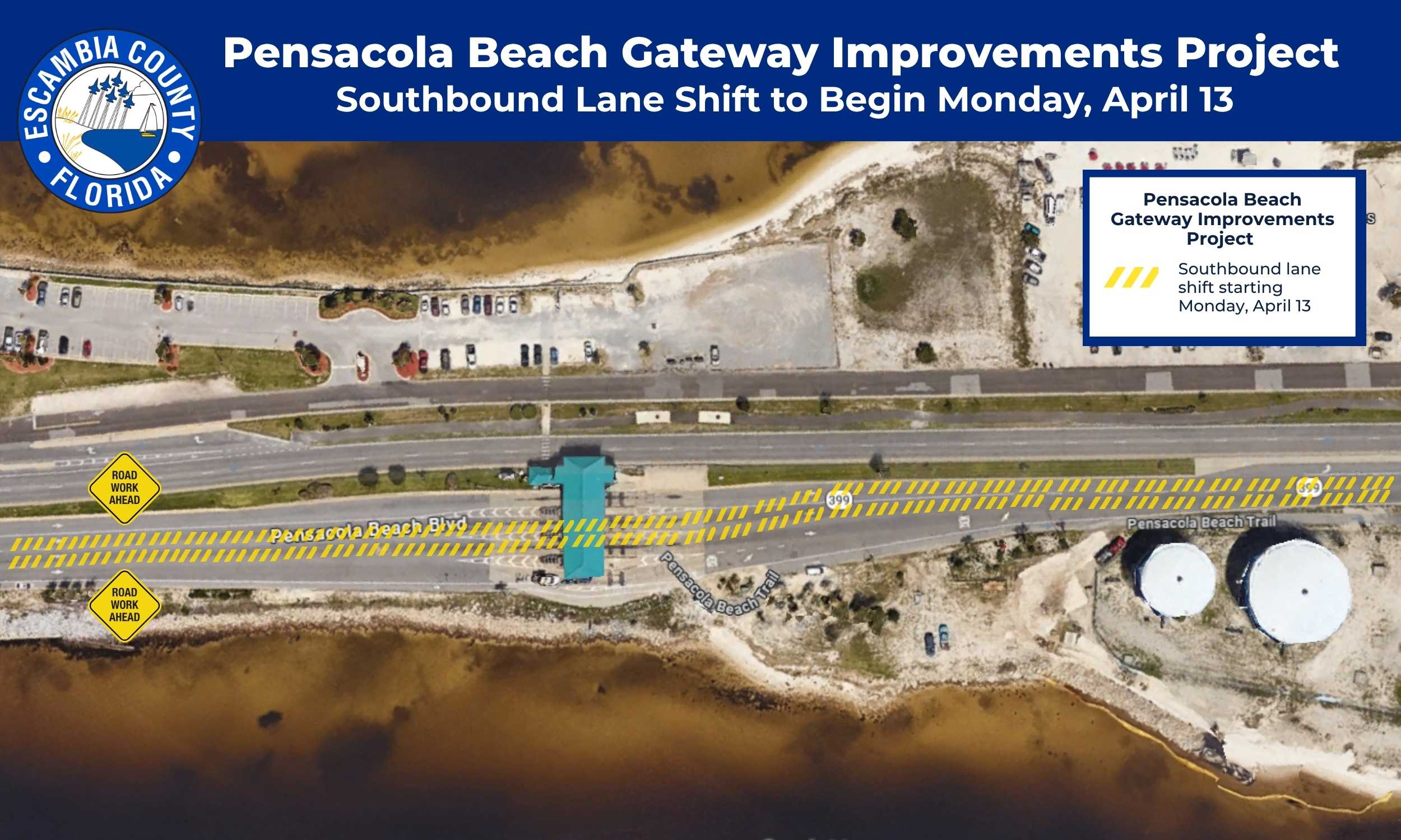 Pensacola Beach Gateway Improvements Project Southbound Lane Shift Map detailing the southbound lane shift for traffic on Pensacola Beach