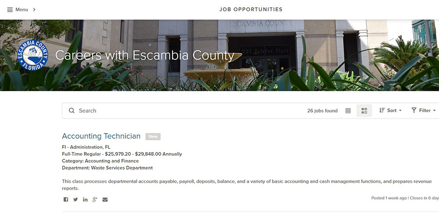 Screenshot of the Escambia County jobs website