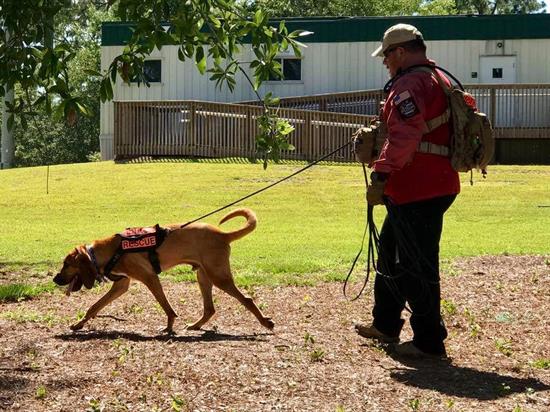Bo and handler Monfreda, Escambia County Animal Control Supervisor, during a training session. Bo and handler Monfreda, Escambia County Animal Control Supervisor, during a training session.