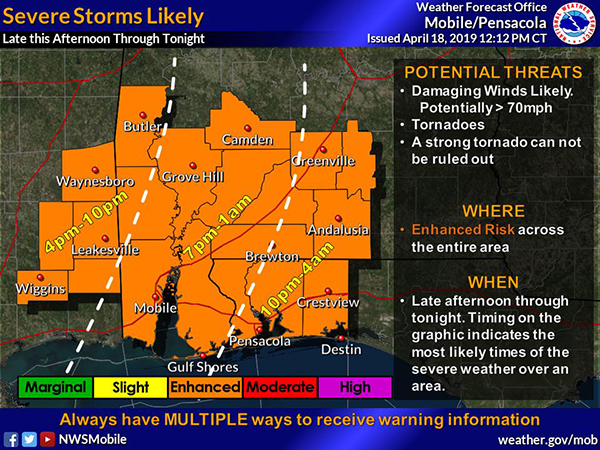 Map of the enhanced risk area for severe weather expected Thursday, April 18.