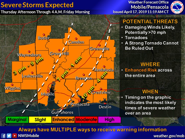 Map of the enhanced threat area for potential severe weather Thursday, April 18, 2019.