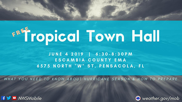 Escambia County Emergency Management and the National Weather Service of Mobile will host a Tropical Town Hall Tuesday, June 4 from 6:30-8:30 p.m. at the Escambia County Public Safety building, located at 6575 N. "W" St. in Pensacola. 