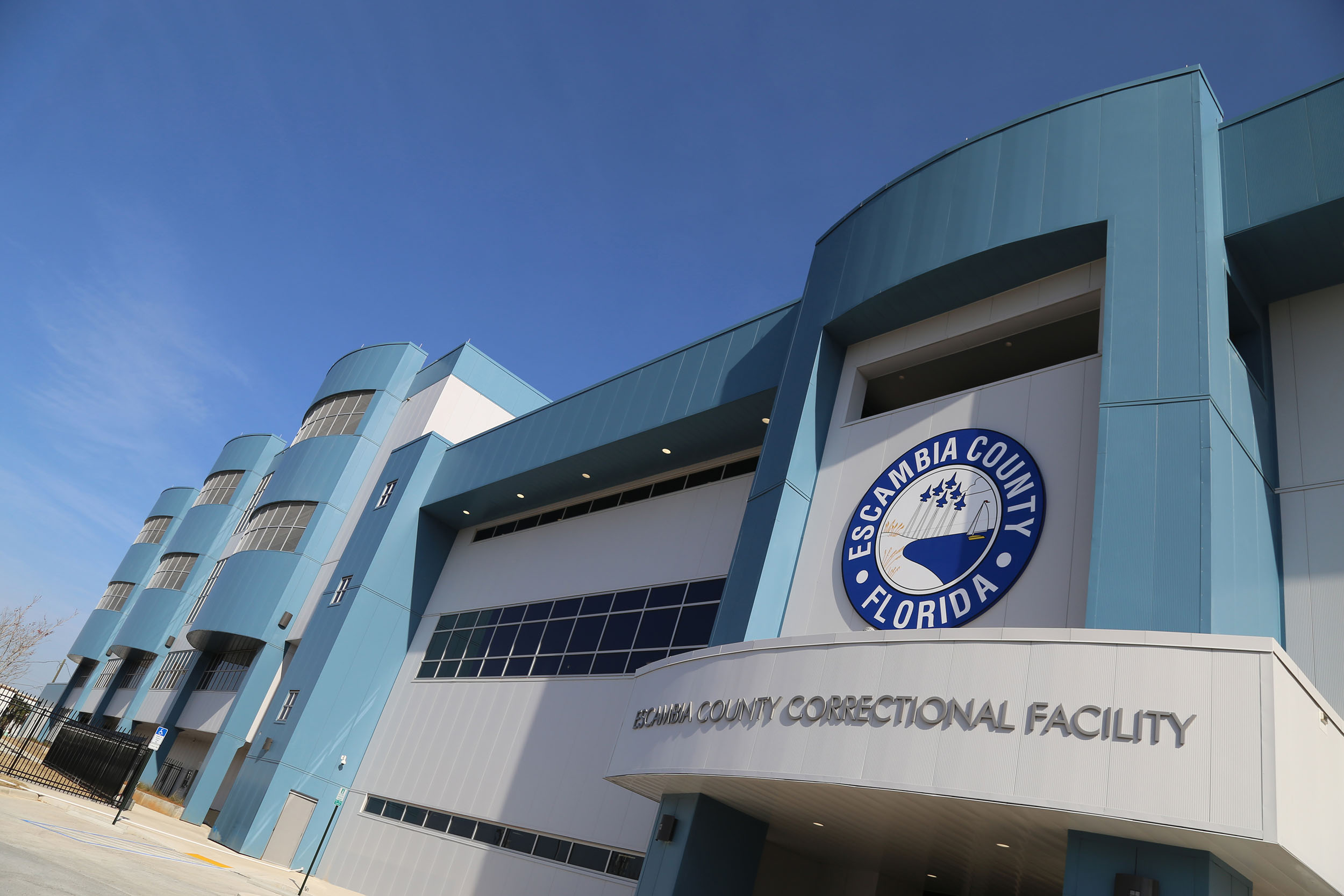 Front exterior of the Escambia County Correctional Facility in Pensacola, Florida