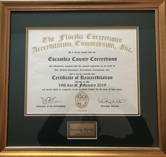 Corrections Named Excelsior Agency The Escambia County Jail was re-accredited by the Florida Corrections Accreditation Commission on Feb. 19 in St. Augustine, Florida.