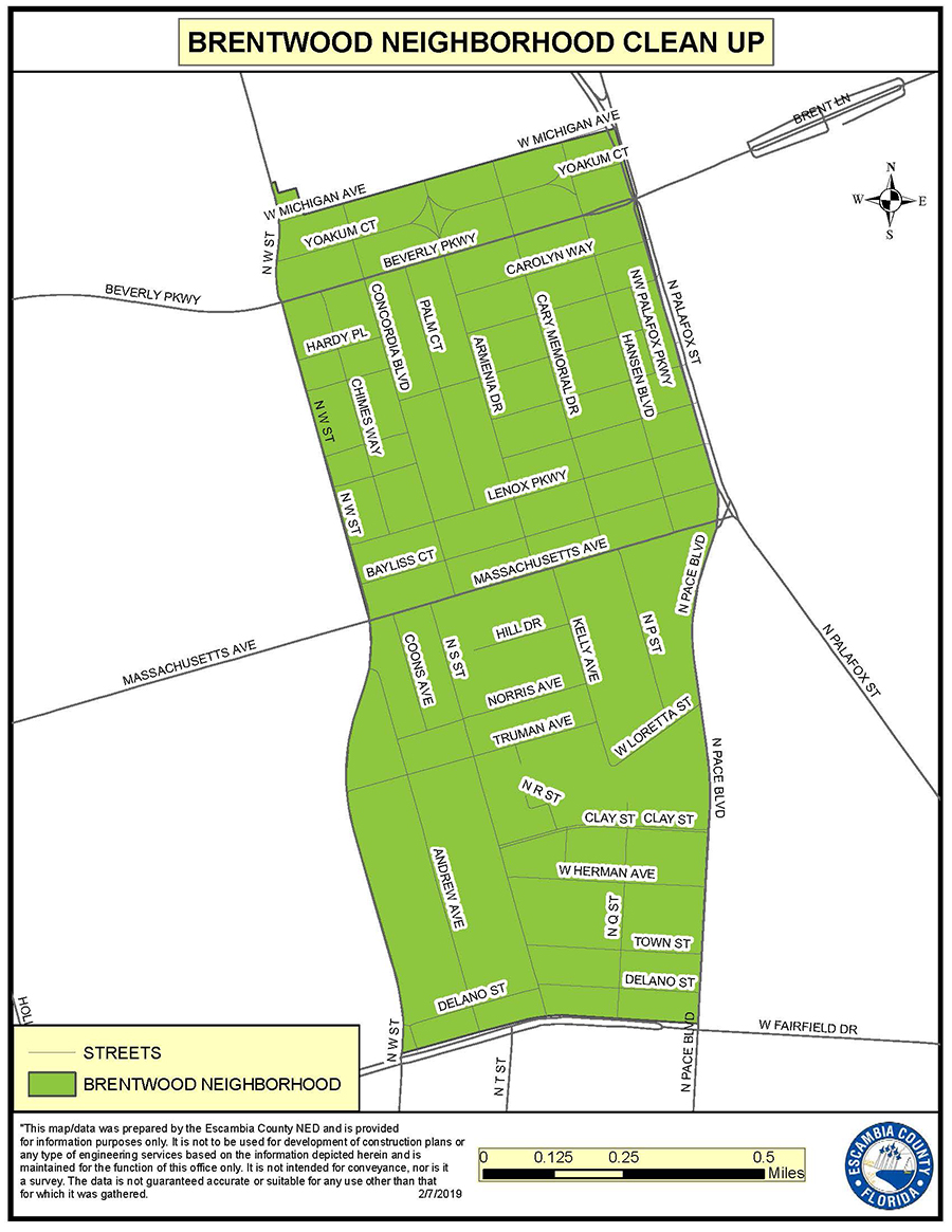 Map showing the Brentwood Neighborhood Cleanup area, which is generally south of West Michigan Avenue, North of West Fairfield Drive, east of North W Street and West of North Palafox Street