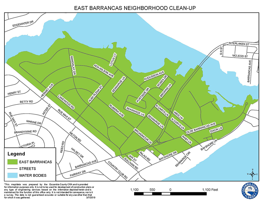 Map showing the cleanup area of the East Barrancas Neighborhood Cleanup.  The general cleanup area is south/southwest of Bayou Chico, north/northeast of Bayshore Drive, and east of Lakewood Road. 