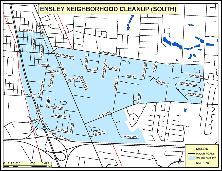 Map of the Ensley South Neighborhood Cleanup area. The general cleanup area is south of East Johnson Avenue, north of Interstate 10, west of Cody Lane and Sears Boulevard, and east of Pensacola Boulevard/U.S. 29. 