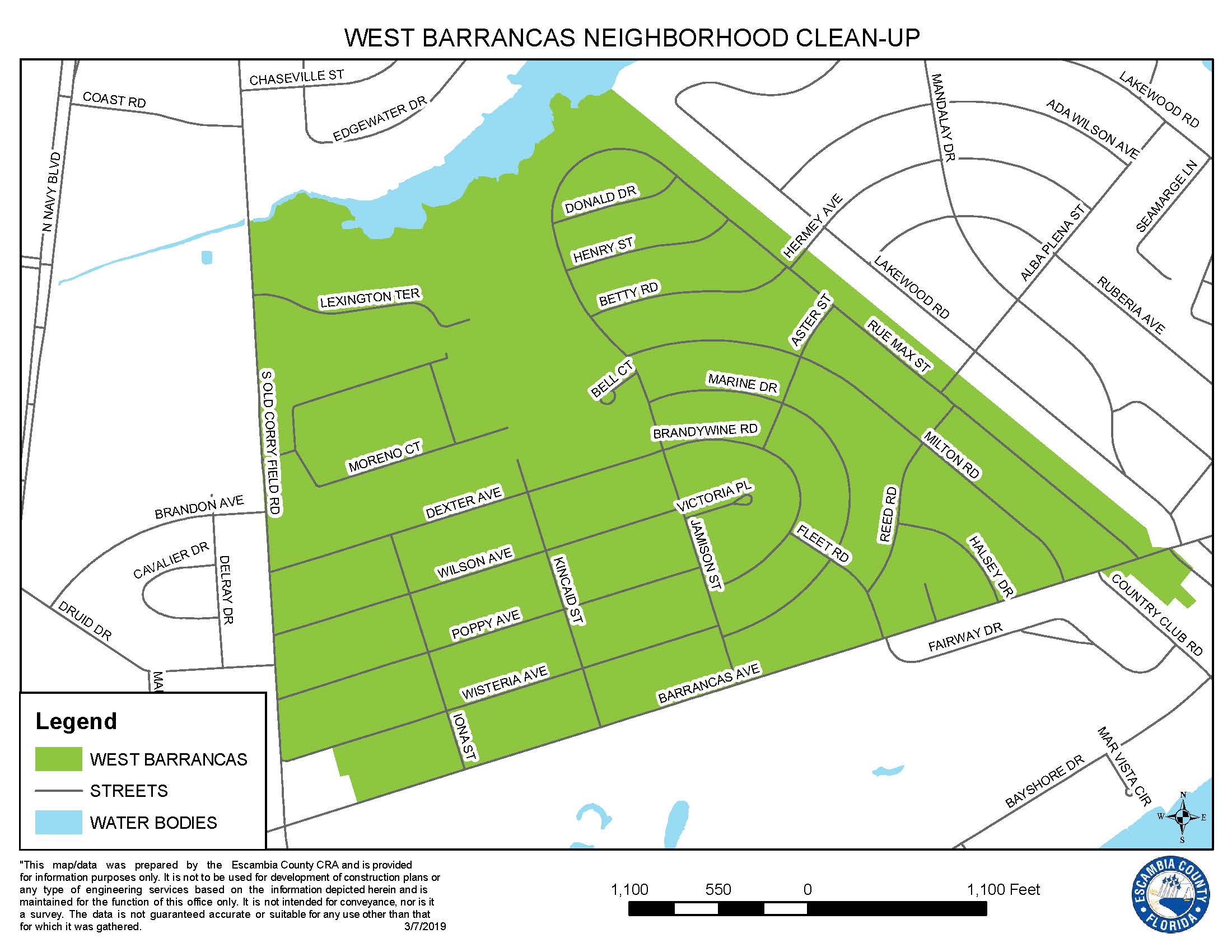 Map of the Barrancas Neighborhood Cleanup area. The general cleanup area is south of Bayou Chico, north of Barrancas Avenue, east of Old Corry Field Road and West of Rue Max Street. 