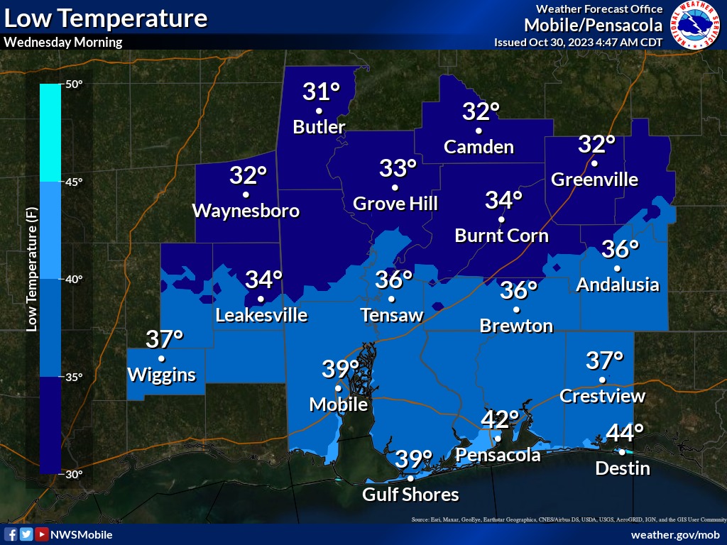 Low temperature map from National Weather Service Mobile