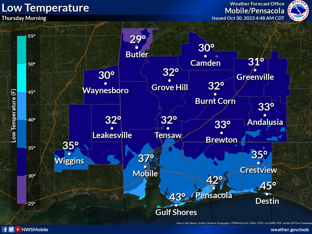 Low temperature map from National Weather Service Mobile Thursday, Nov. 2