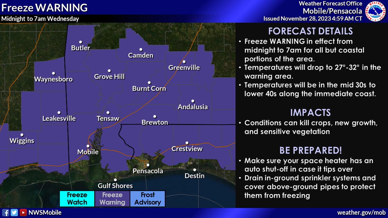 Freeze Warning graphic from National Weather Service in Mobile