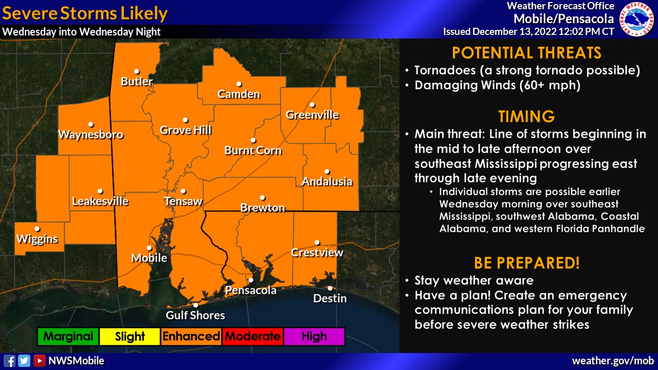 Weather report from National Weather Service-Mobile showing enhanced risk of severe weather.