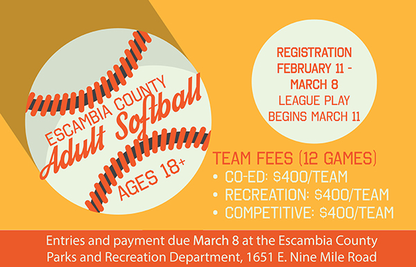 Adult softball flyer with registration deadlines: REGISTRATION FEBRUARY 11 - MARCH 8 league play  begins MARCH 11