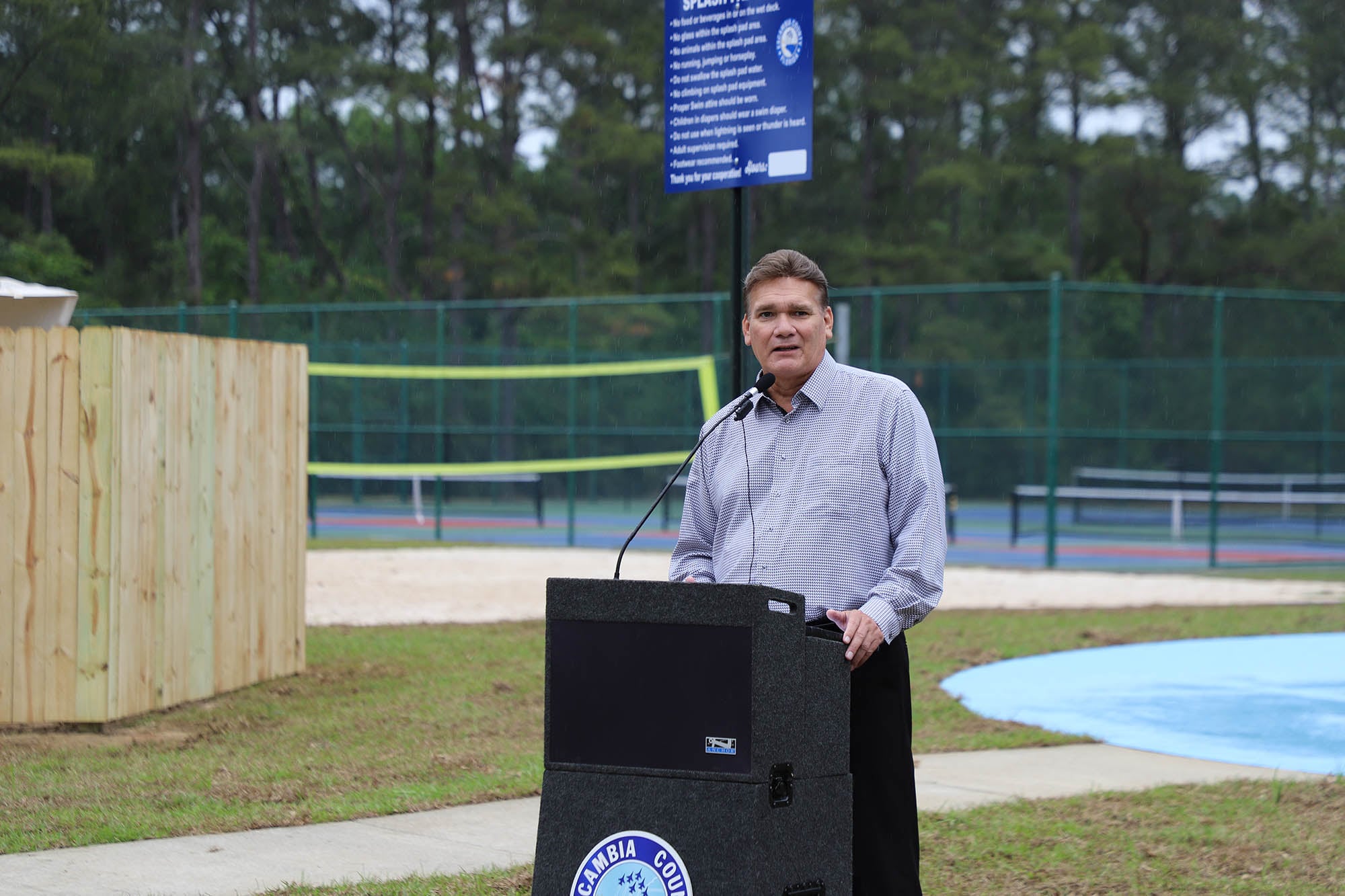 County Administrator Wes Moreno speaks at the Beulah Regional Park Grand Reopening Event