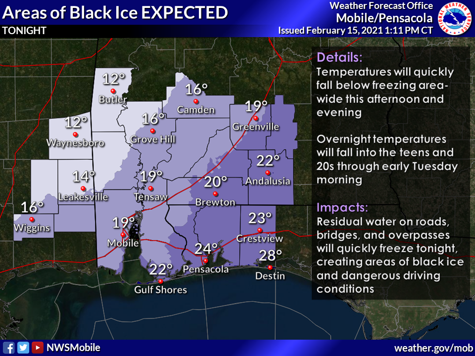 Black Ice Advisory for Escambia County 2-15-21
