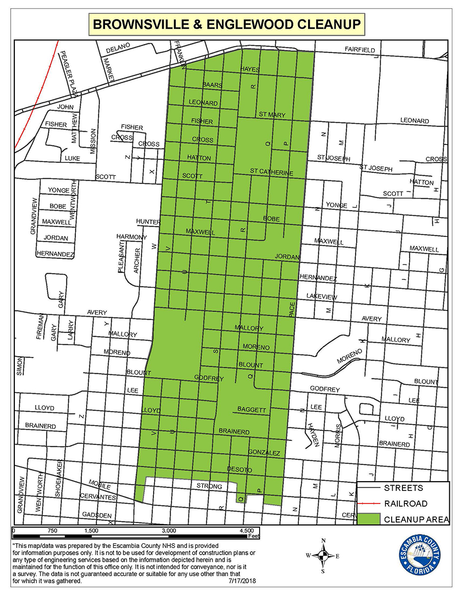 Map of the Brownsville Englewood Neighborhood Cleanup area, which is south of West Fairfield Drive, north of West Strong Street, east of W Street and west of Pace Boulevard. 