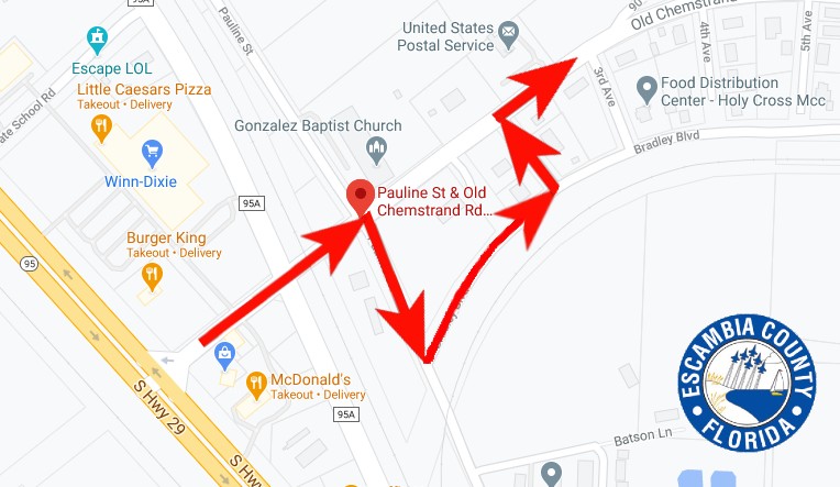 Old Chemstrand Road is closed between Pauline and 2nd Ave. due to a water main break.