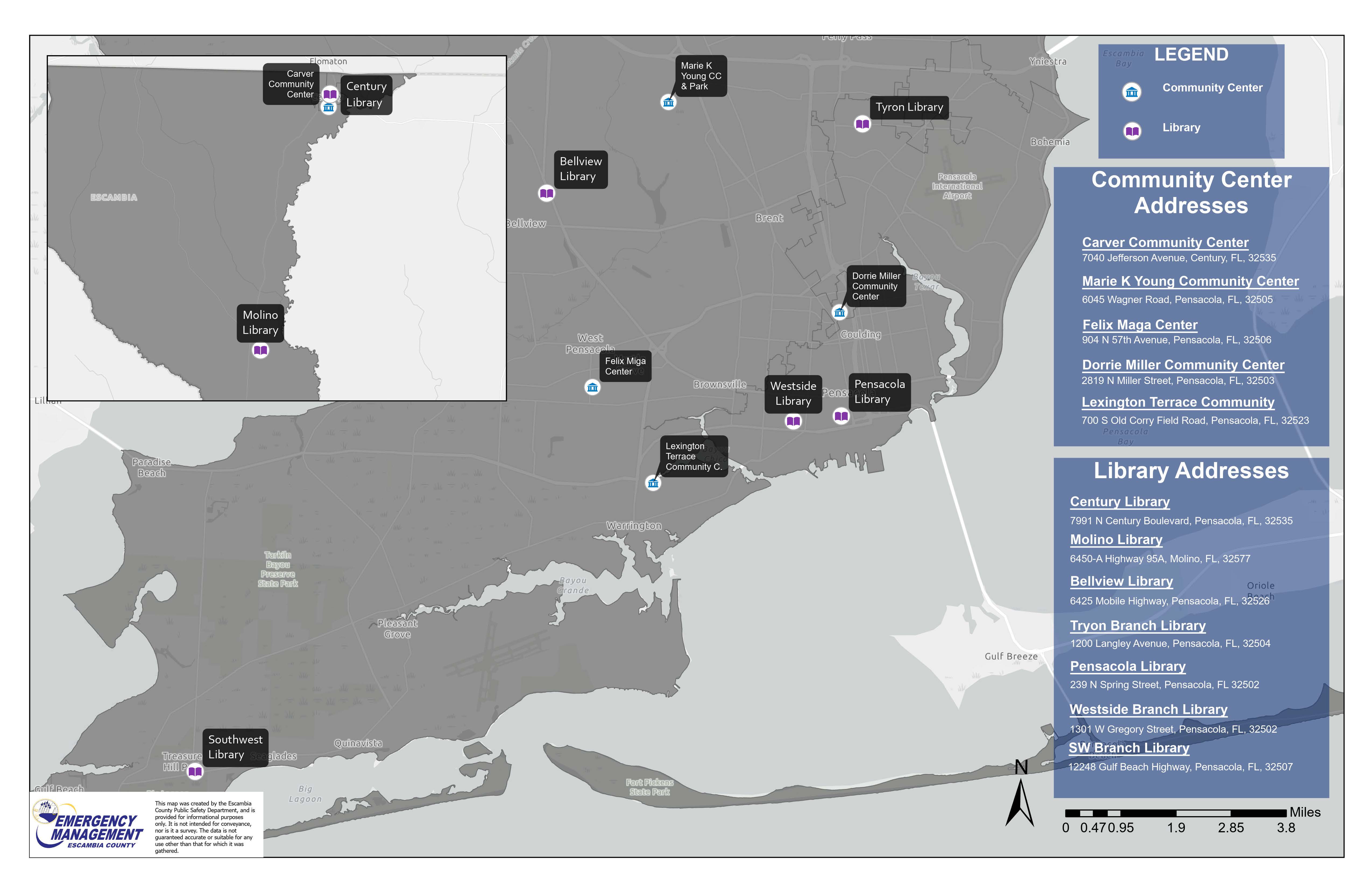 Map of community centers and libraries in Escambia County