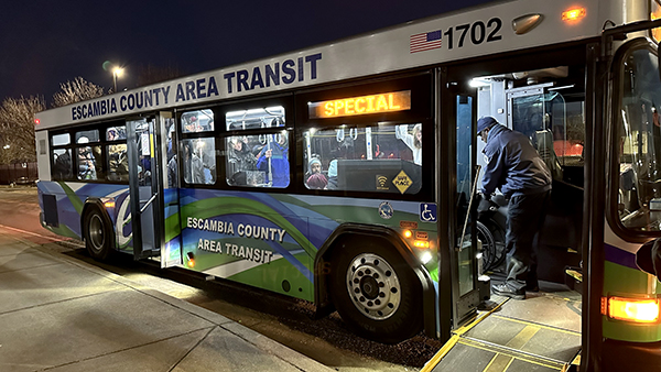 An ECAT bus transports individuals to shelters during recent extreme cold weather.