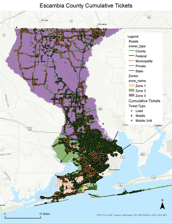Map of cumulative debris tickets throughout escambia county Map of cumulative debris tickets throughout escambia county