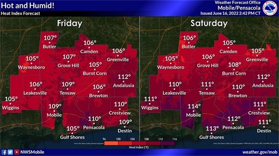 Heat index for the Gulf Coast on June 16