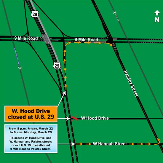 Hood Drive at US 29 closure map