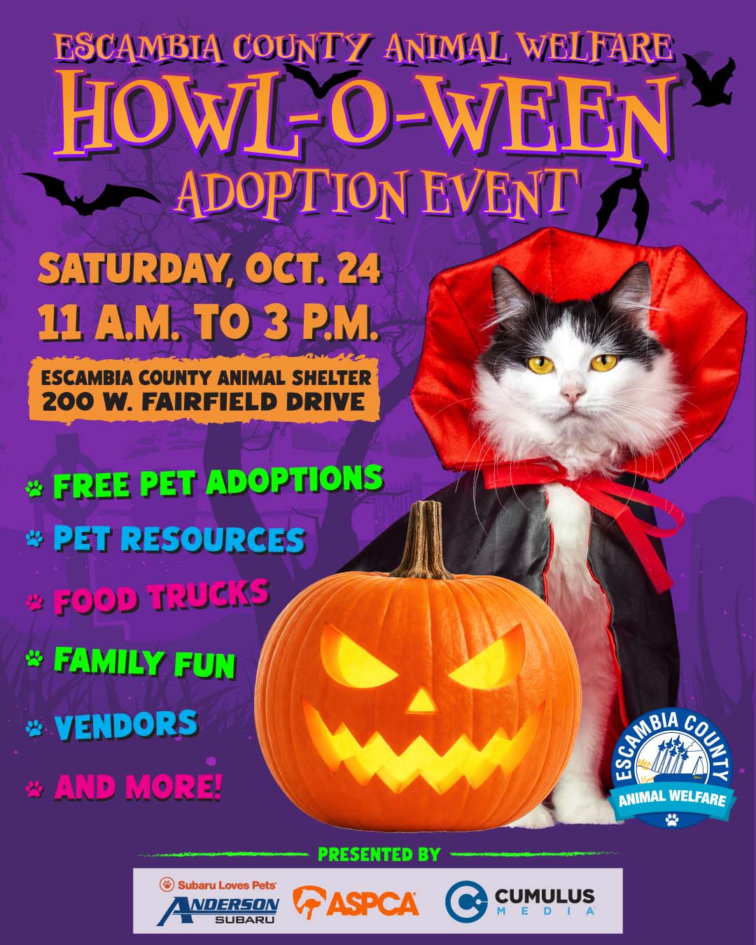 Howl-O-Ween Adoption Event Image advertising the Howl-o-Ween adoption event at the Escambia County Department of Animal Welfare
