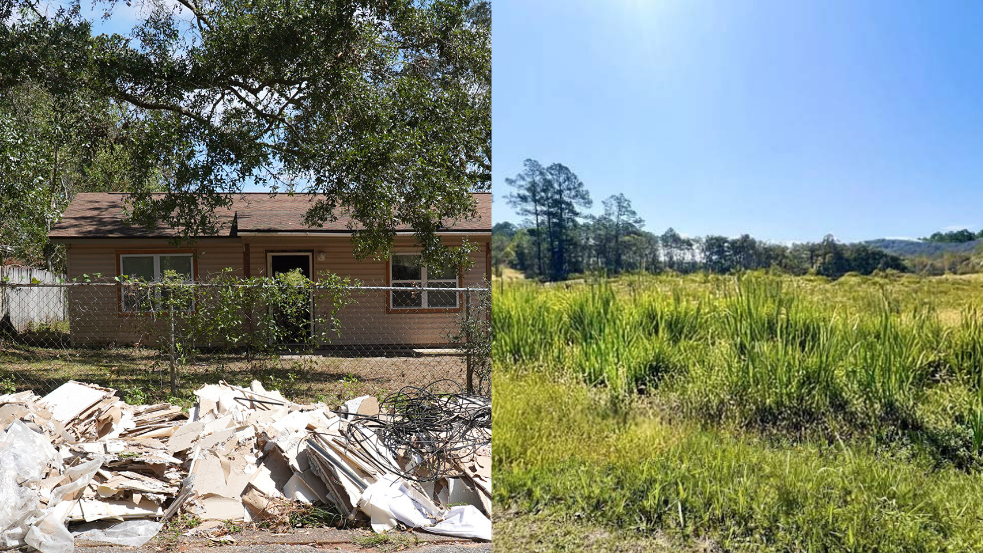 A home with debris in front and an empty field