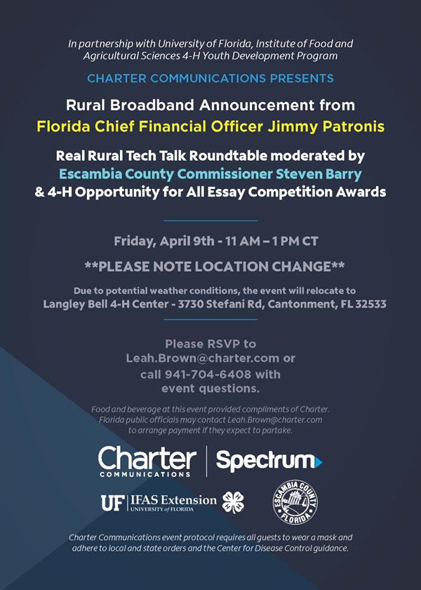 IMPORTANT Location Update - Join CFO Patronis and North Florida Leaders for a Real Rural Tech Talk 4-H Essay Competition Awards IMPORTANT Location Update - Join CFO Patronis and North Florida Leaders for a Real Rural Tech Talk 4-H Essay Competition Awards