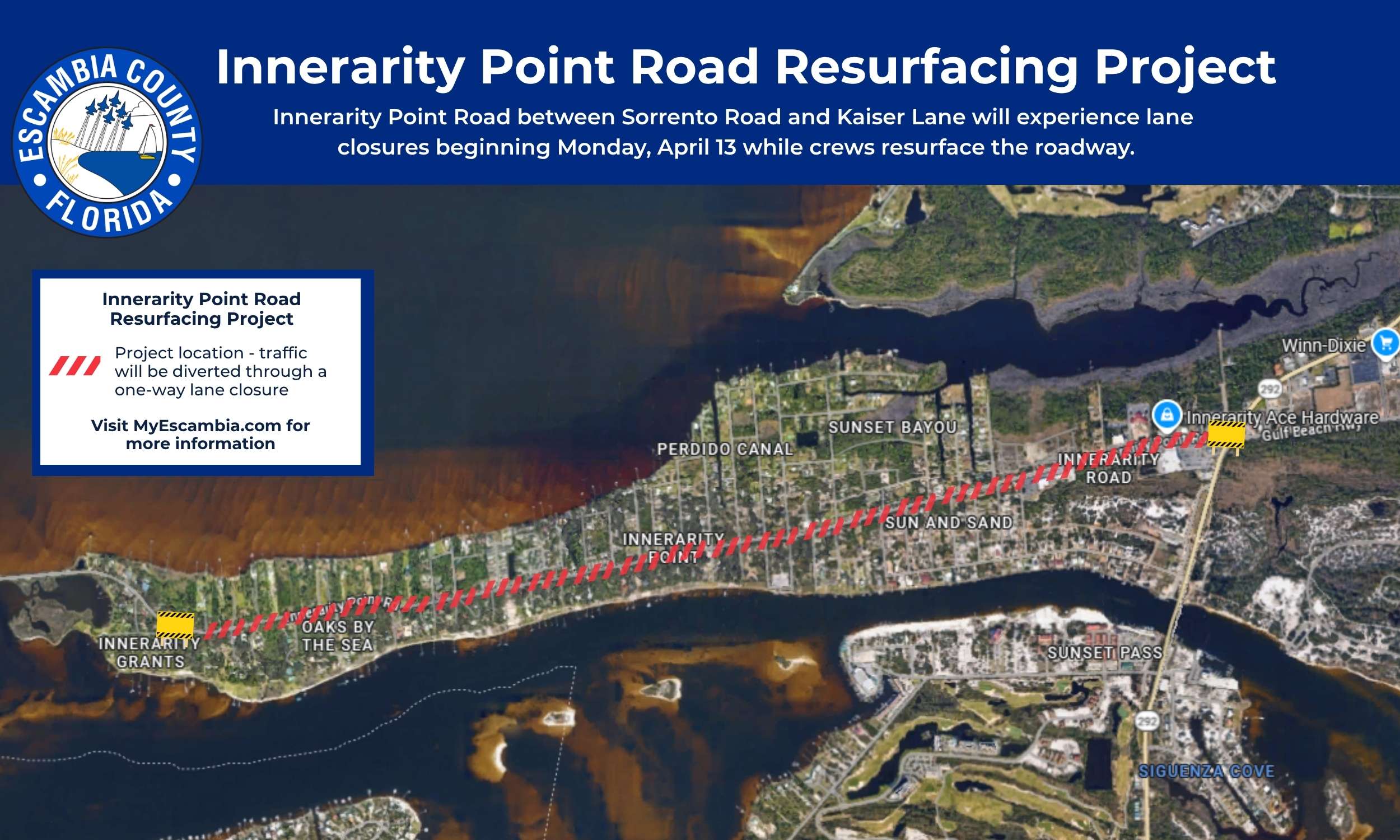 Map showing the location of the Innerarity Point Road Resurfacing Project