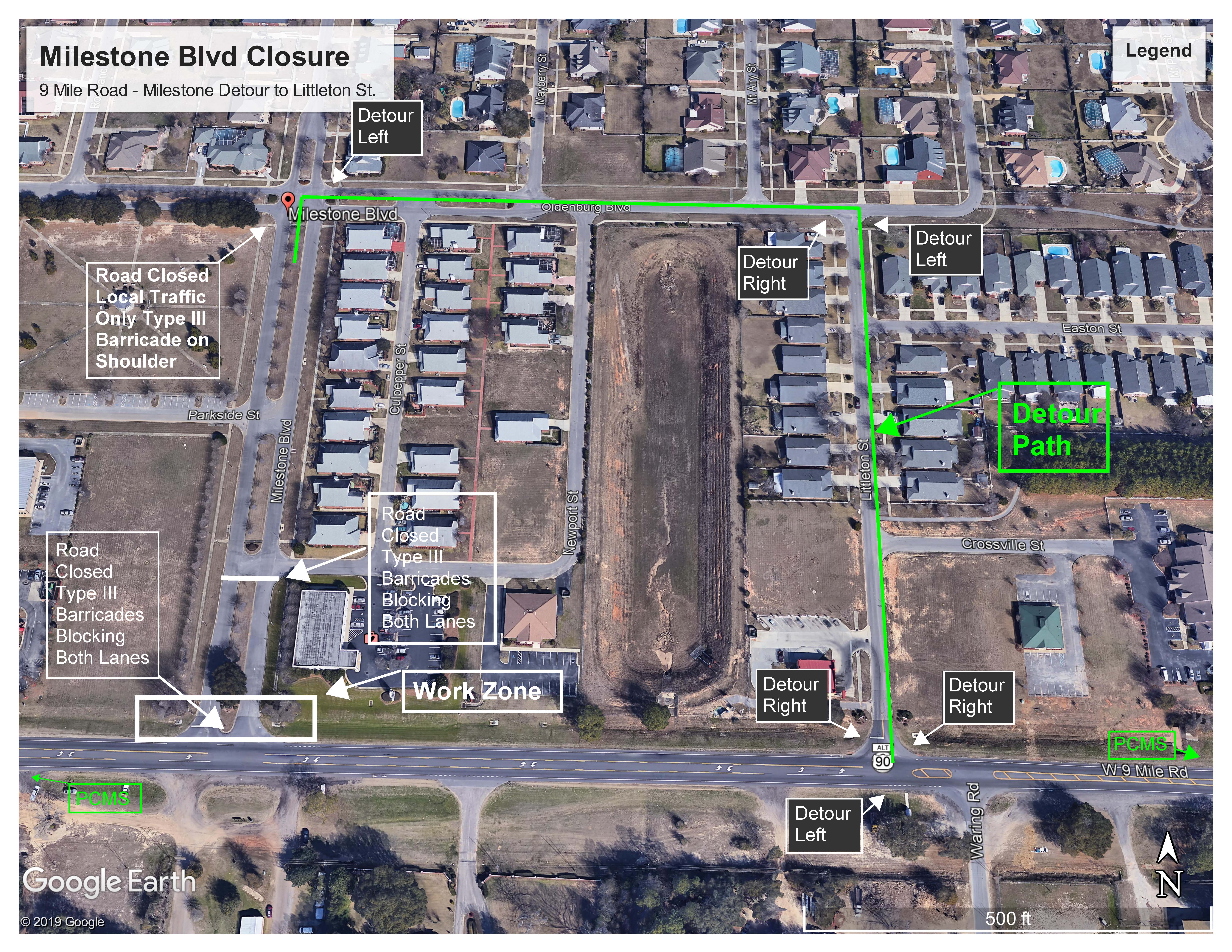 Milestone Blvd. Closure - Detour Map
