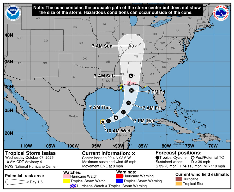 Graphic from the National Hurricane Center showing an update on Tropical Storm Isaias