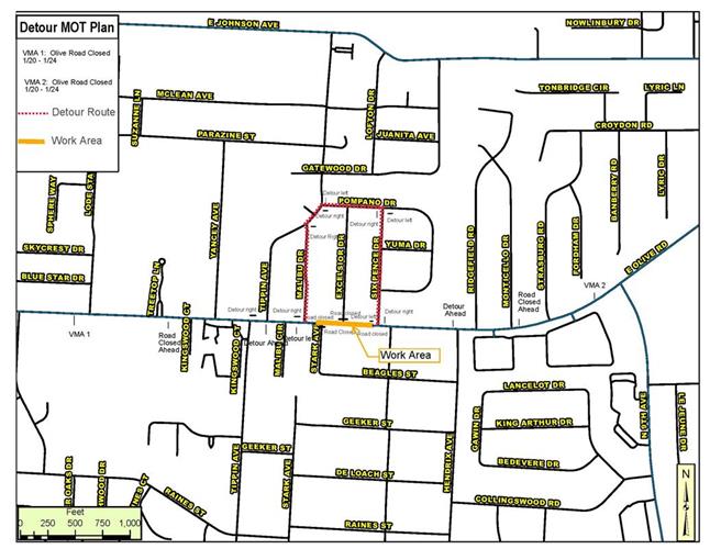 Olive Road Detour Malibu Dr to Six Pence