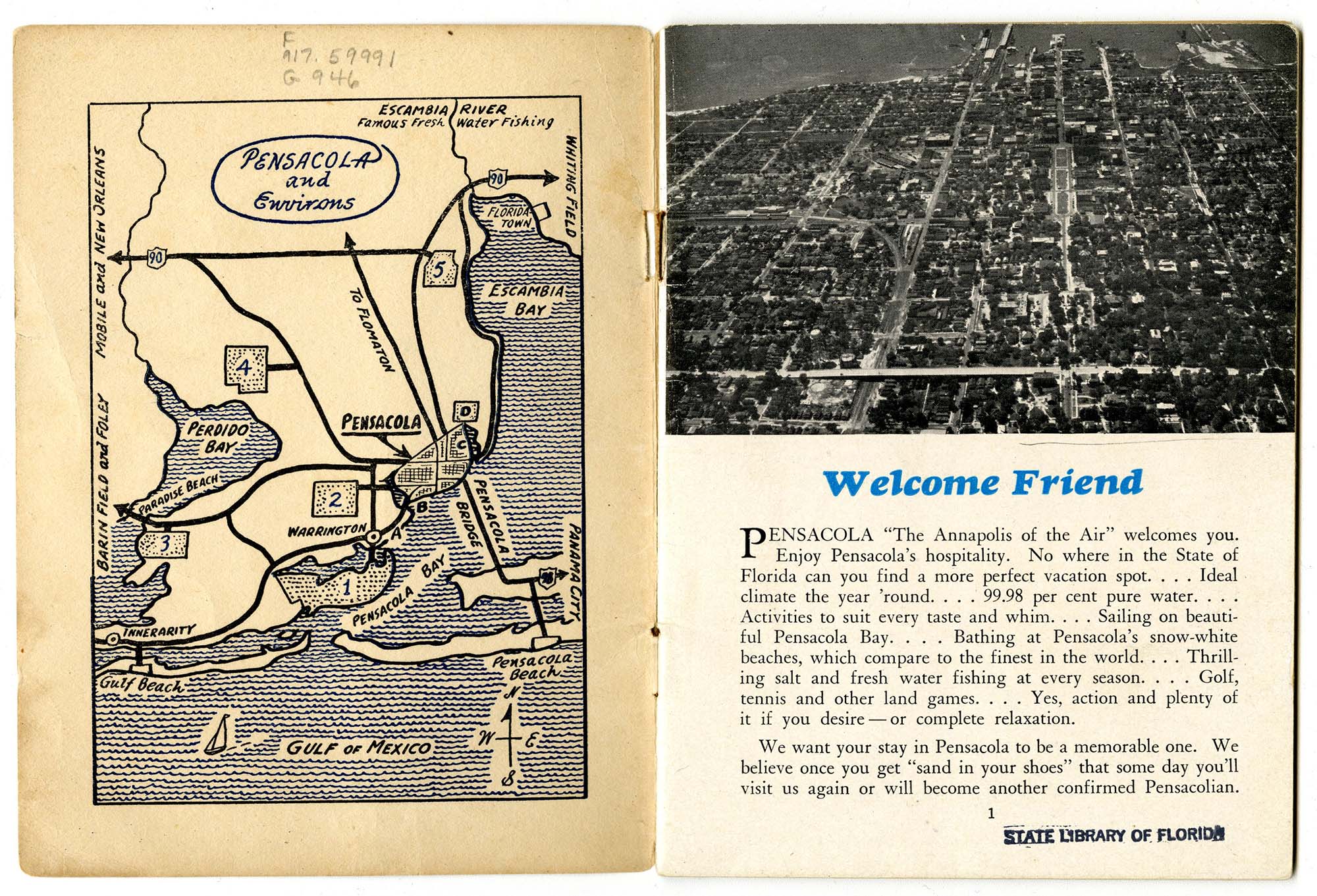 Booklet showing “Pensacola and Environs” identifying NAS Pensacola, its auxiliary fields, and the City of Pensacola. 1944 “Guide to Pensacola, Florida, “The Annapolis of the Air”, Catalog Number 917.5999 G946. 