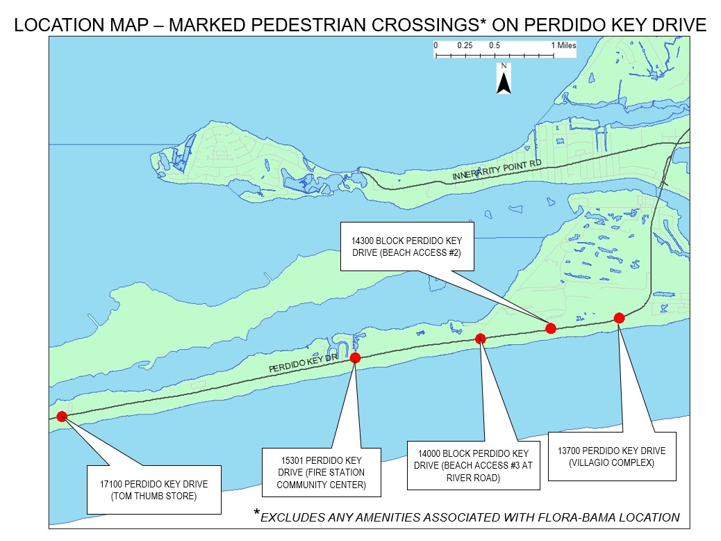 Perdido Key Drive Ped Crossing Treatment Install Project- Map of Ped Crossing Locations