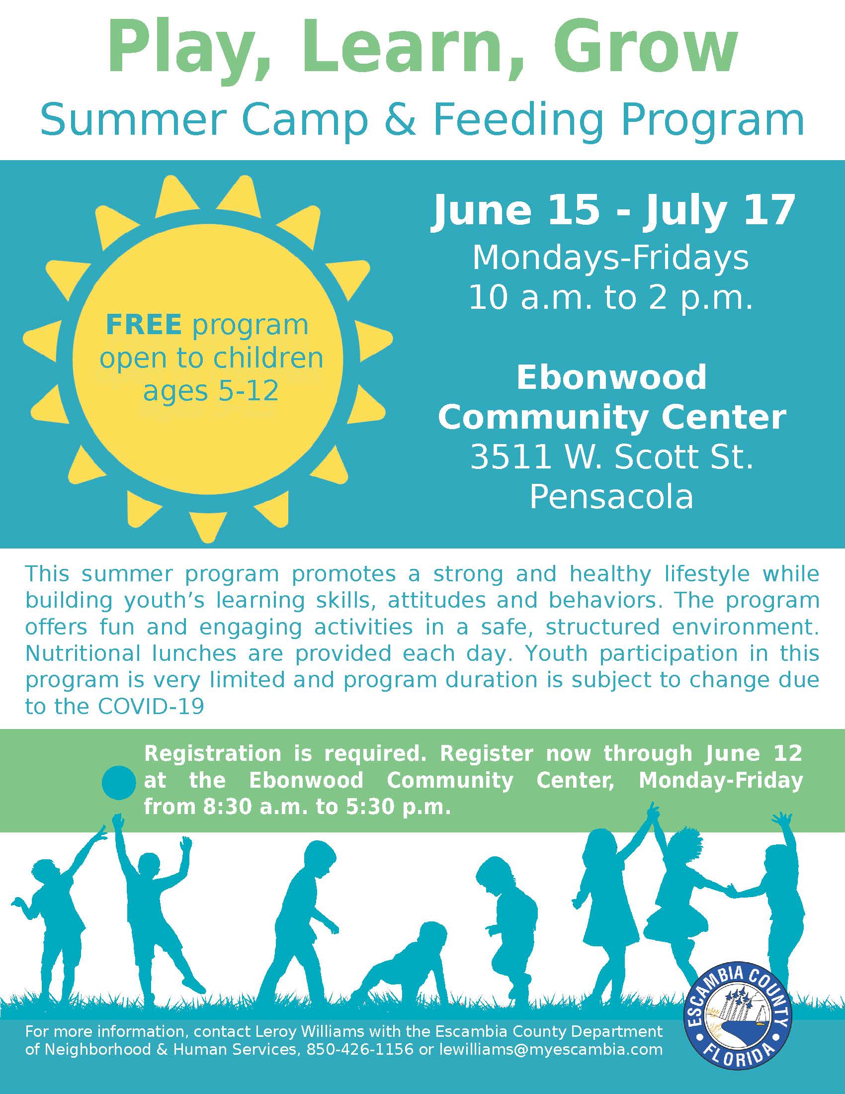 Play, Learn, Grow Summer camp flyer Ebonwood 2020 