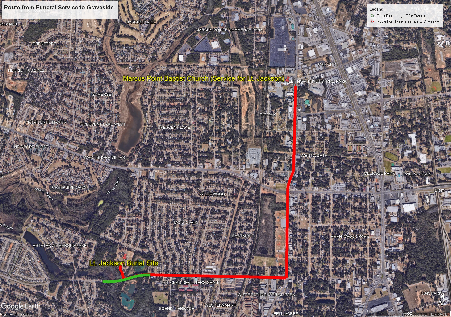 Route map from Marcus Pointe Baptist Church to Resthaven Cemetery