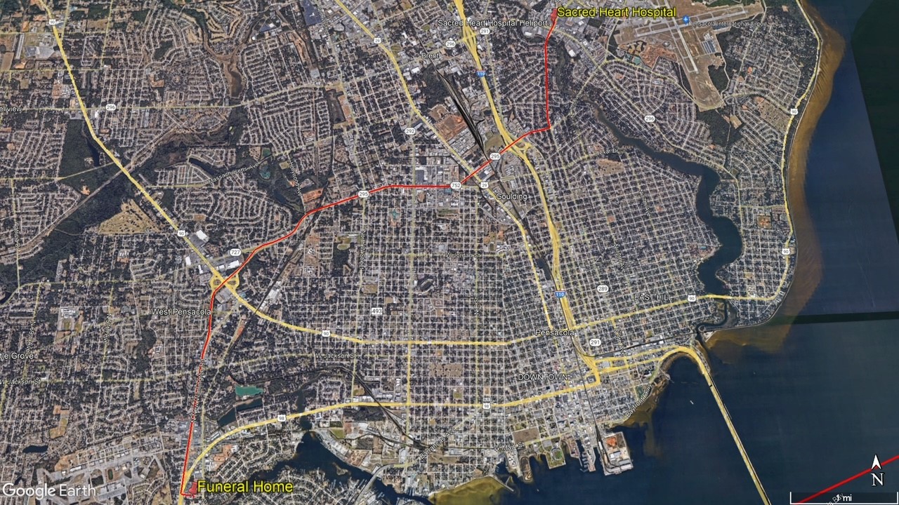 Picture of the route from Ascension Sacred Heart to Tracy Morton Memorial Chapel.