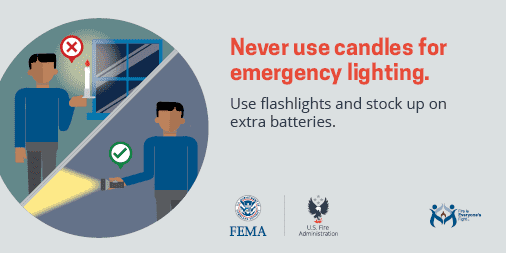 Graphic about having flashlights and batteries instead of candles during a power outage