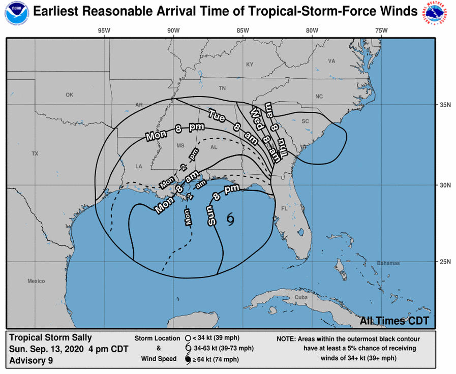 sally sunday arrival of winds