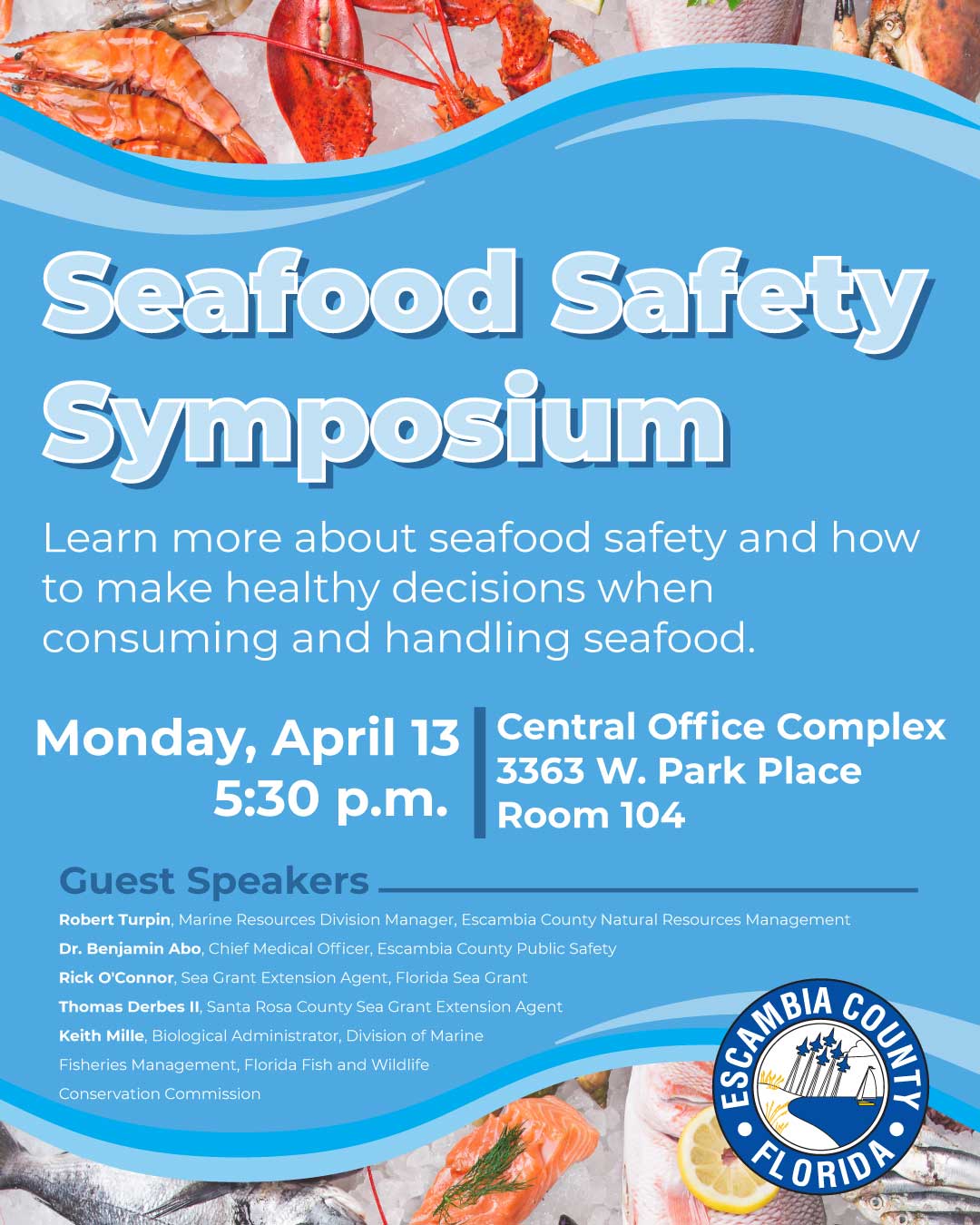 Flyer advertising the Seafood Safety Symposium Monday, April 13 at 5:30 p.m.