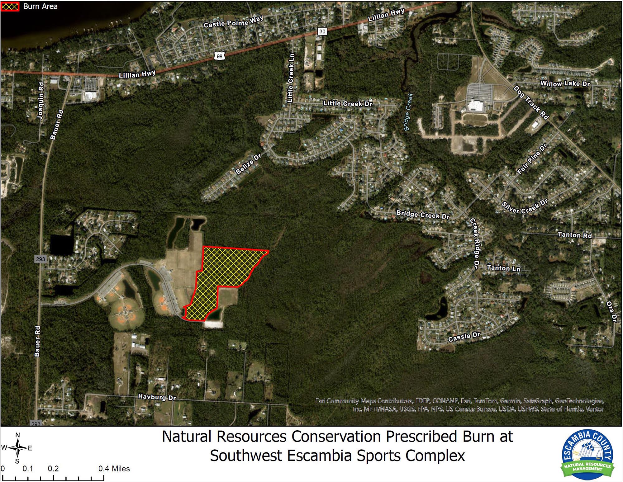 Map showing prescribed burn area at the Southwest Sportsplex