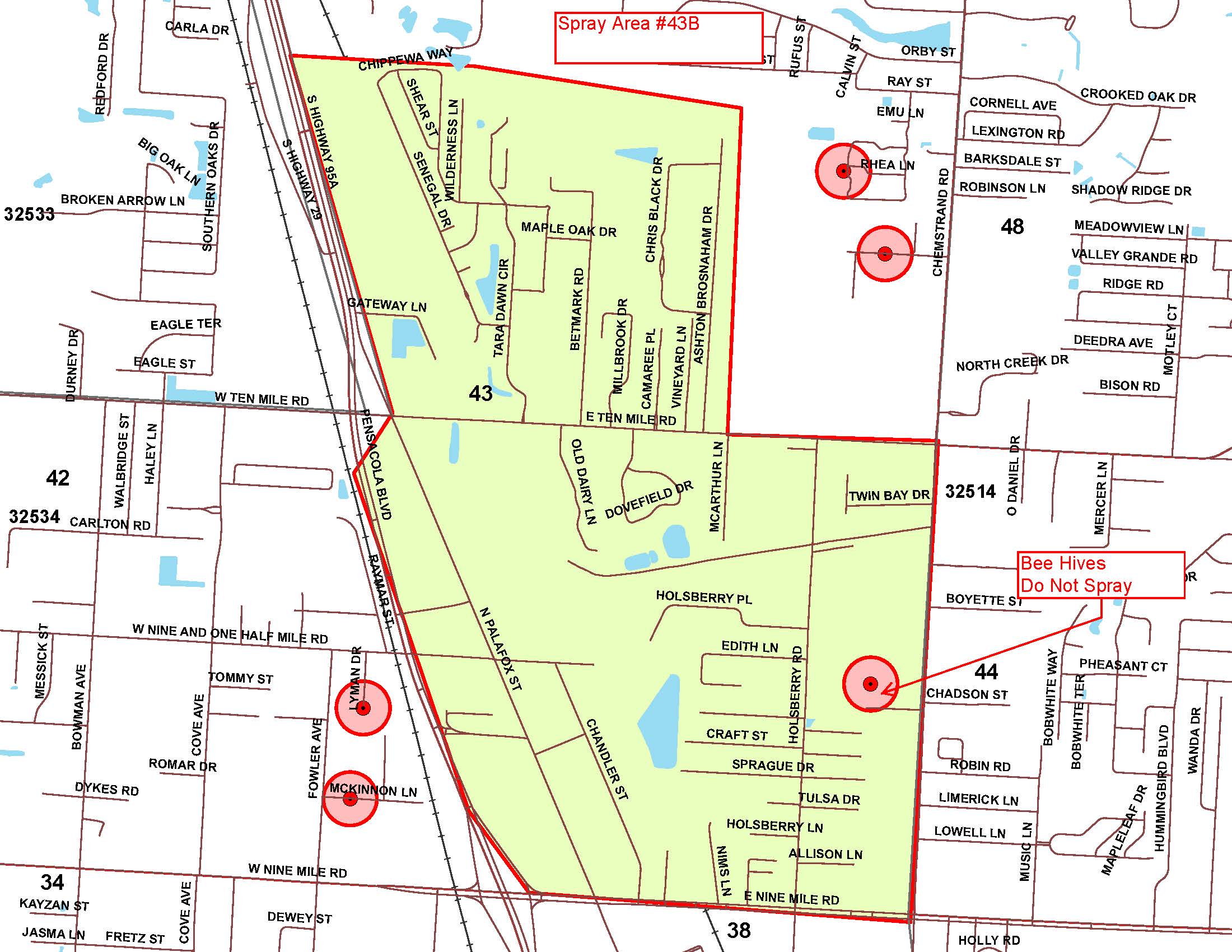 Mosquito spray area map bound to the north by Woodbury Circle, to the south by East Kingsfield Road, to the east by Chemstrand Road and to the west by South Highway 95A. 