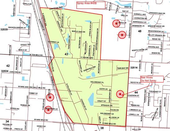 Mosquito spray area map bound to the north by Woodbury Circle, to the south by East Kingsfield Road, to the east by Chemstrand Road and to the west by South Highway 95A. 