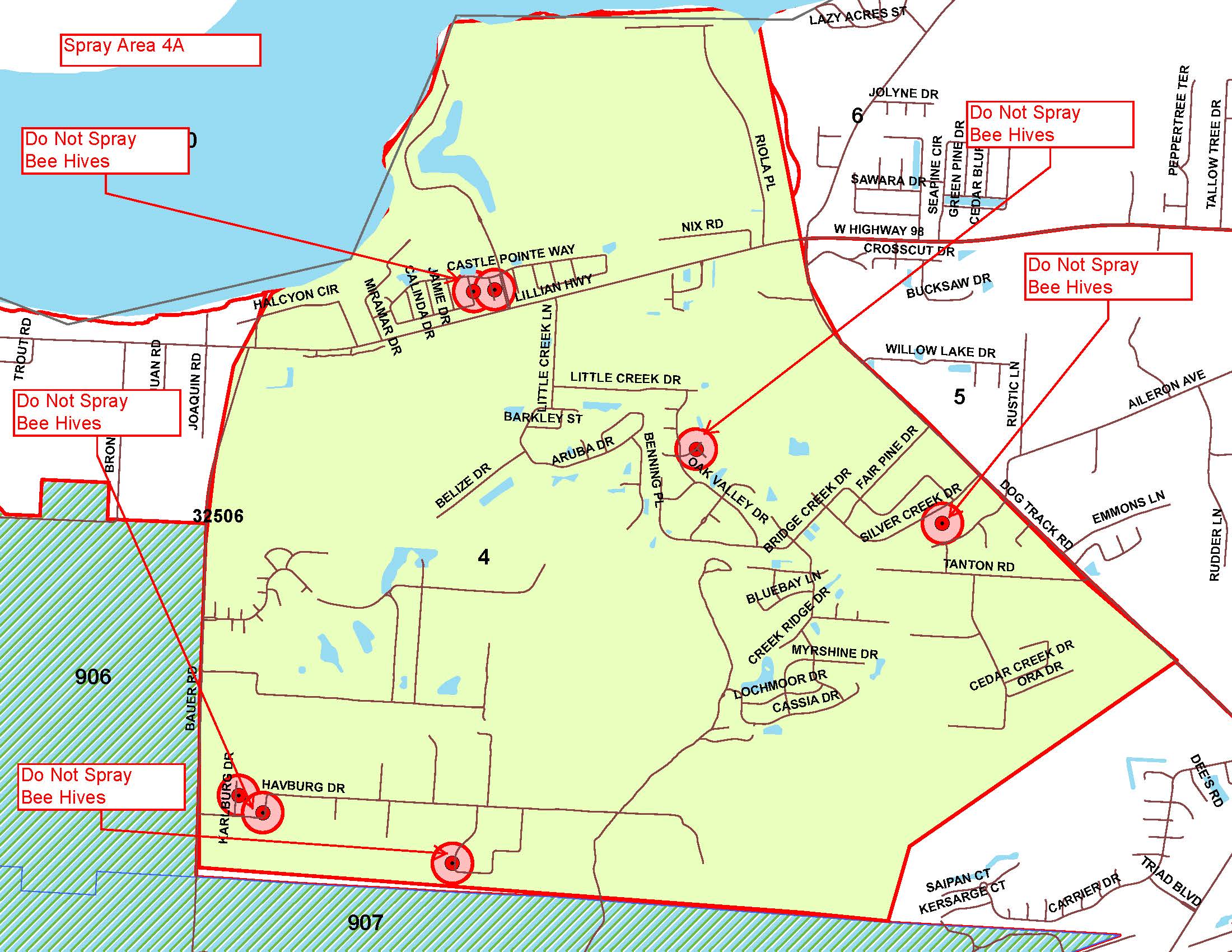 Boundaries: North - Sorrento Road, South - Gulf Beach Highway, East - Fenceline Road, West- Bauer Road; No Spray Zones:  Castle Point Way, Oak Valley Drive, Silver Creek Drive Havburg Drive Bee Hives