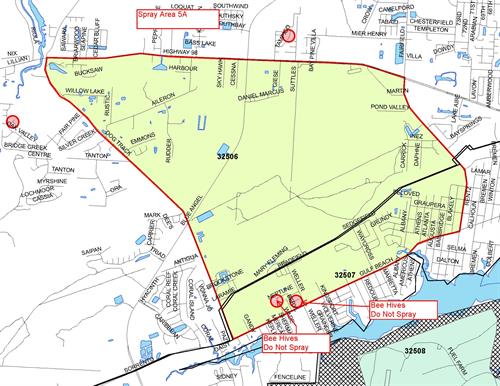 Boundaries: North - Hwy. 98, South - Gulf Beach Highway, East - Fairfield Drive, West- Dog Track Road; No Spray Zones: Neptune and Beryl Bee Hives